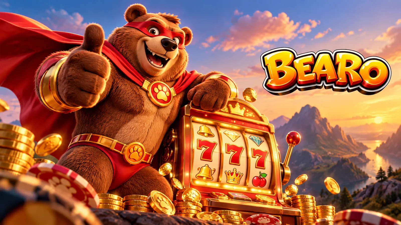 Banner di Bearo, l'orso supereroe con mantello rosso, davanti alla lobby dei giochi