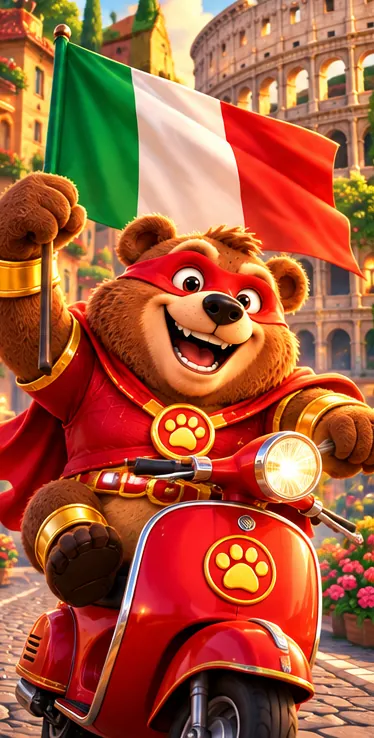 Poster di Bearo, l'orso supereroe con mantello rosso, davanti al Colosseo e alla costa italiana