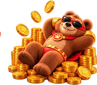 L'orso Bearo felice con banconote e monete d'oro tra le zampe